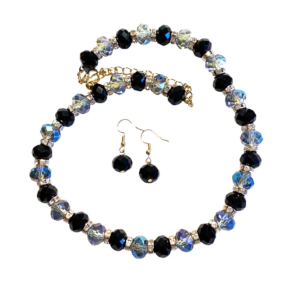 Vintage inspired jewelry set faceted crystal beads necklace & pierced earrings